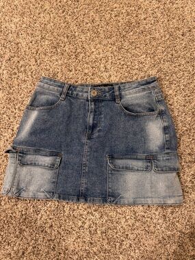 Washed Blue Denim Cargo Mini Skirt